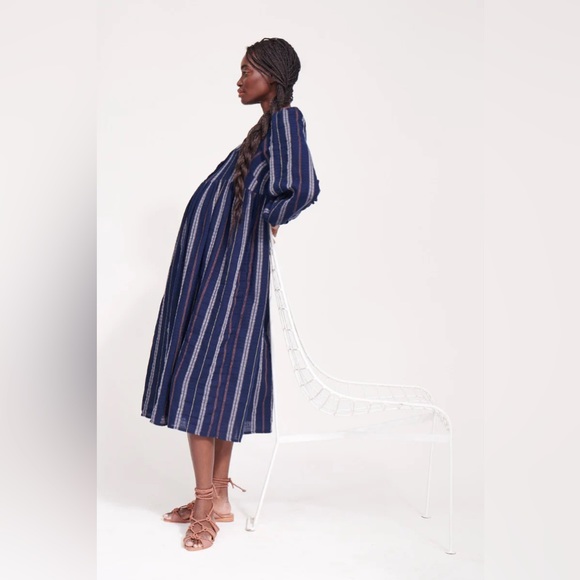 FRANCES HART Dobby Long Sleeve Midi Dress in Navy Blue & White Stripe - Picture 4 of 10